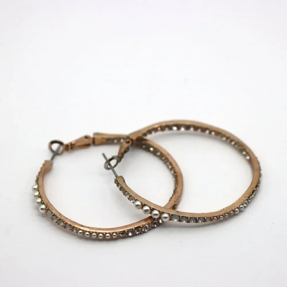 Gold Jeweled Hoop Earrings with Faux Pearls & Rhinestones – Vintage Inspired Sta